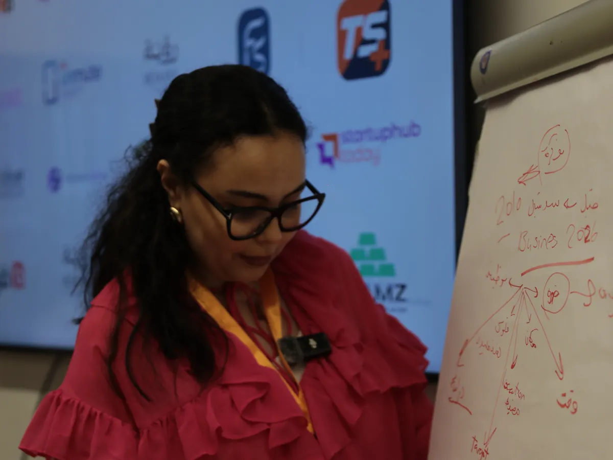 Rahma mapping out a strategy on a flipchart